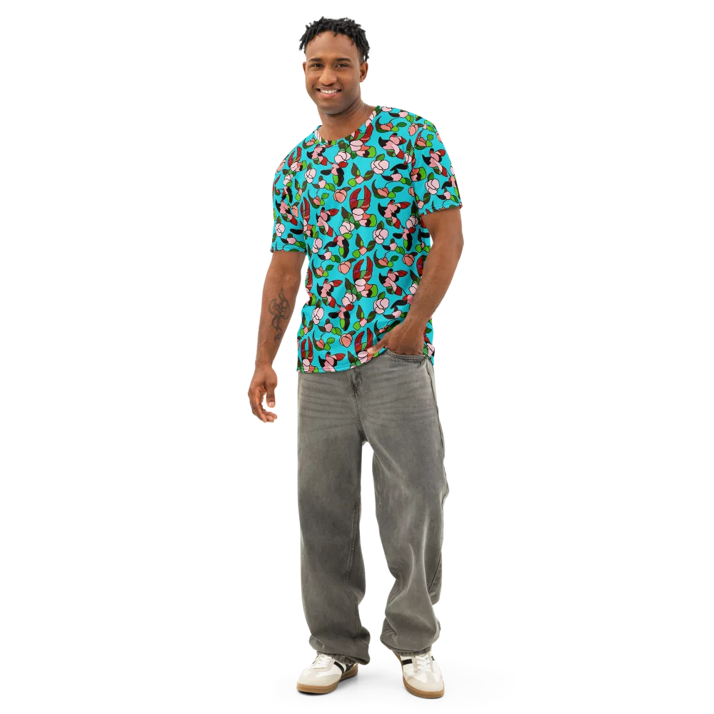 Turquoise Bloom Flight on Men's Cotton Crew Neck T-Shirt — Front