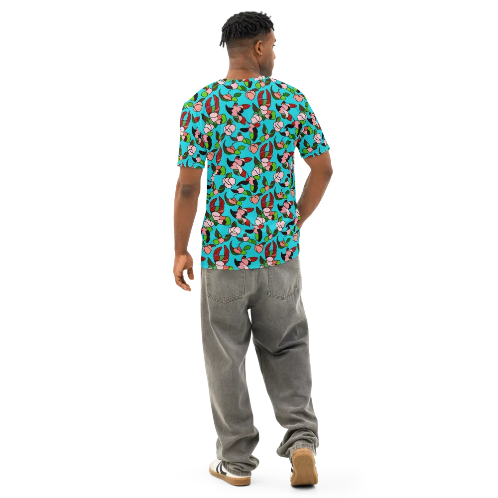 Turquoise Bloom Flight on Men's Cotton Crew Neck T-Shirt — Back