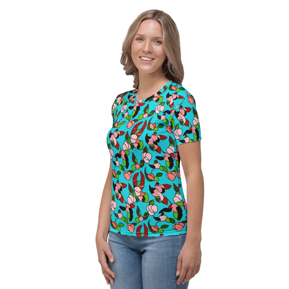 Turquoise Bloom Flight on Women's Crew Neck T-Shirt — Left