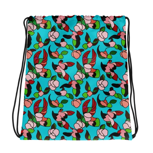 Turquoise Bloom Flight on a Drawstring Bag