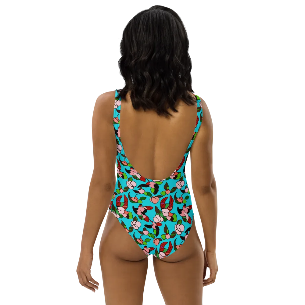 Turquoise Bloom Flight on One-Piece Swimsuit — Back