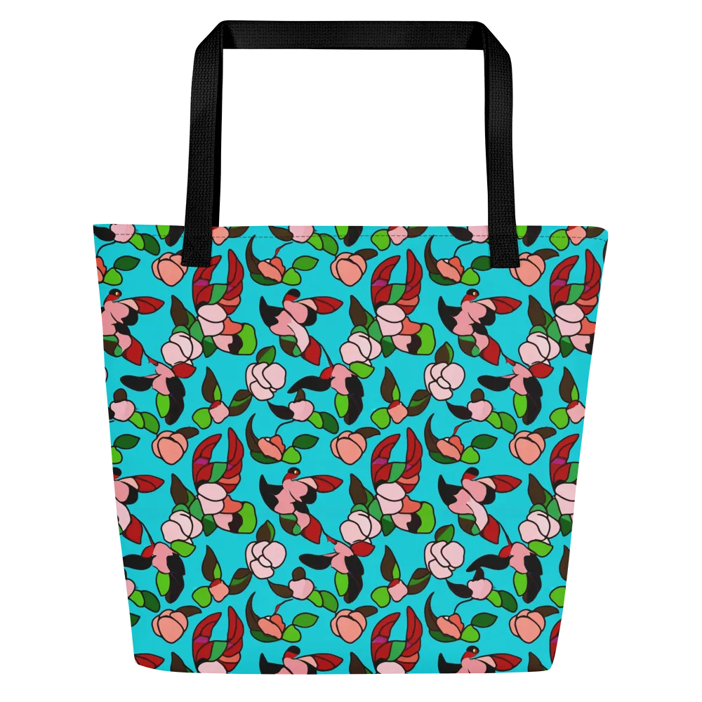 Turquoise Bloom Flight on Large Tote Bag W/ Pocket — Front
