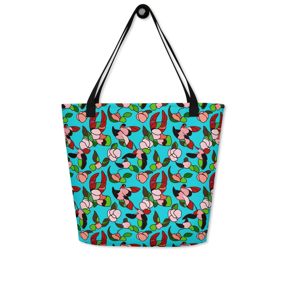 Turquoise Bloom Flight on Large Tote Bag W/ Pocket — Front