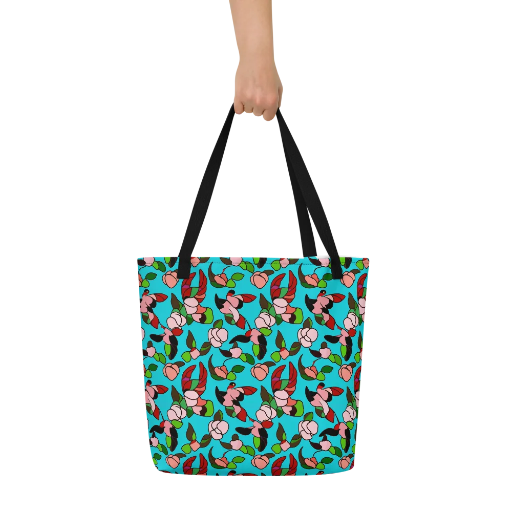 Turquoise Bloom Flight on Large Tote Bag W/ Pocket — Front