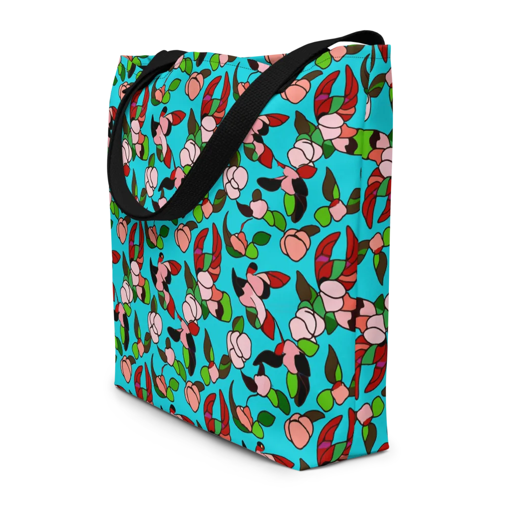 Turquoise Bloom Flight on Large Tote Bag W/ Pocket — Front