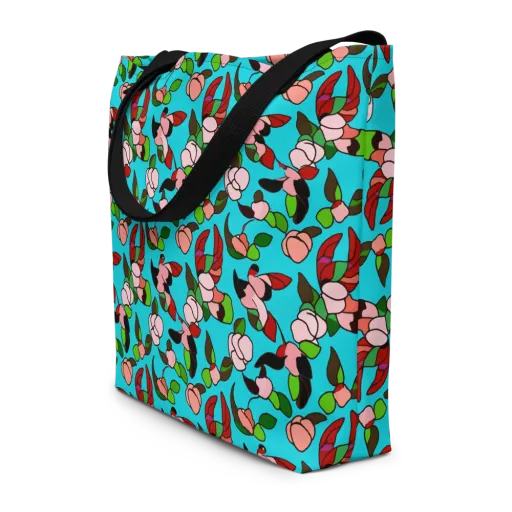 Turquoise Bloom Flight on a Large Tote Bag W/ Pocket