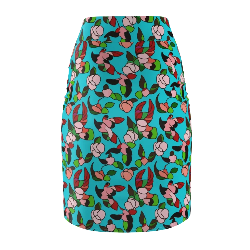 Turquoise Bloom Flight on Pencil Skirt — Back