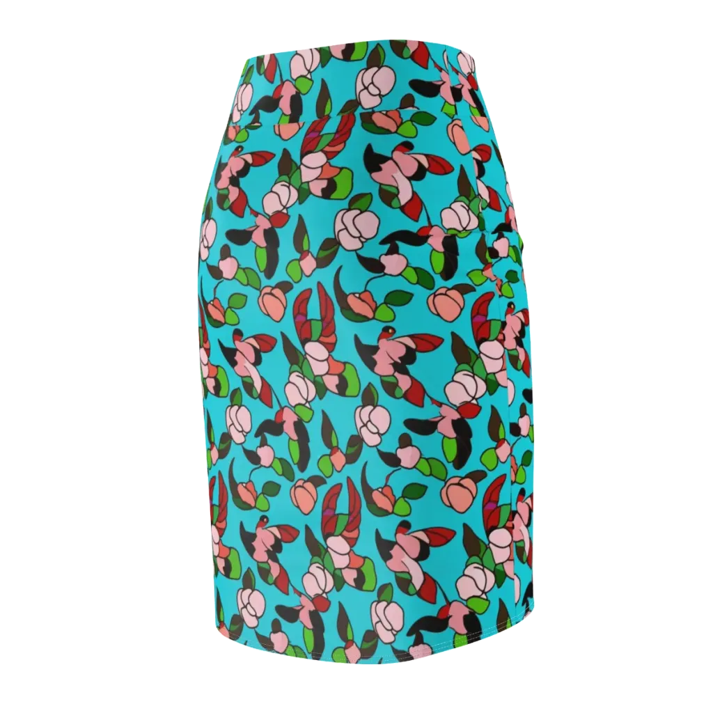 Turquoise Bloom Flight on Pencil Skirt — Back Side
