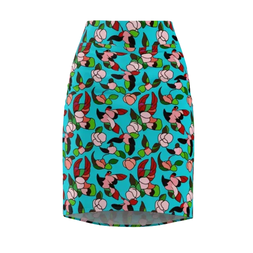 Turquoise Bloom Flight on a Pencil Skirt