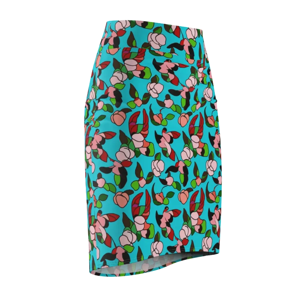 Turquoise Bloom Flight on Pencil Skirt — Front Side