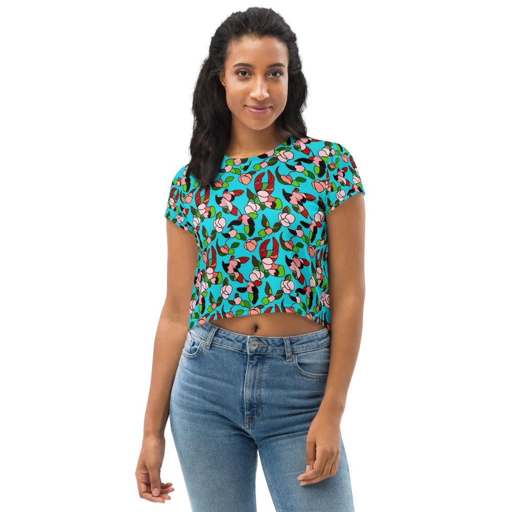 Turquoise Bloom Flight on Crop Tee — Front