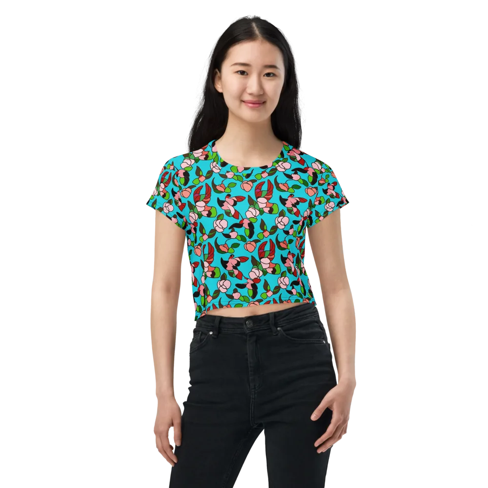 Turquoise Bloom Flight on Crop Tee — Front