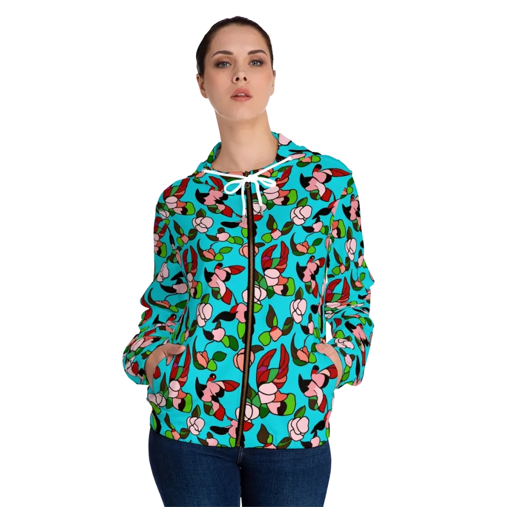Turquoise Bloom Flight on Women's Full-Zip Hoodie — Front On Person