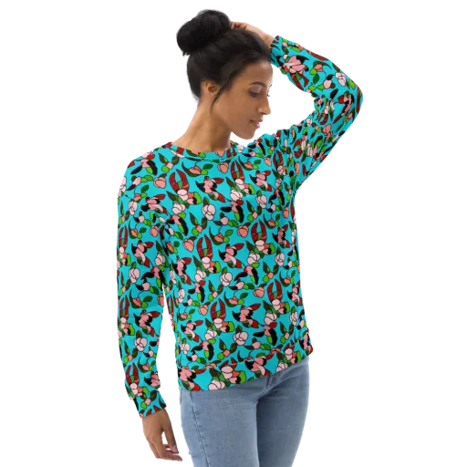 Turquoise Bloom Flight on a Sweatshirt