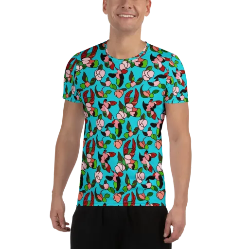 Turquoise Bloom Flight on a Men's Athletic T-Shirt