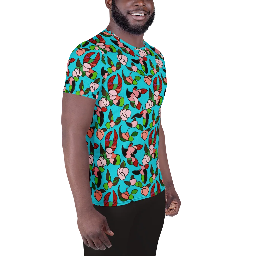 Turquoise Bloom Flight on Men's Athletic T-Shirt — Right
