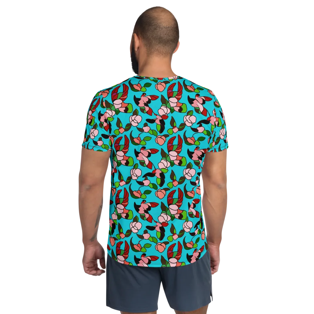 Turquoise Bloom Flight on Men's Athletic T-Shirt — Back