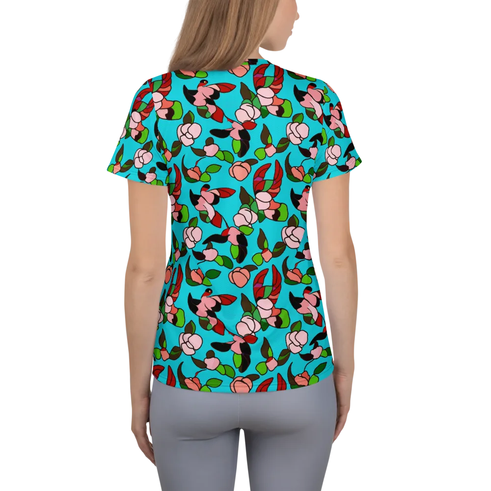 Turquoise Bloom Flight on Women's Athletic T-Shirt — Back