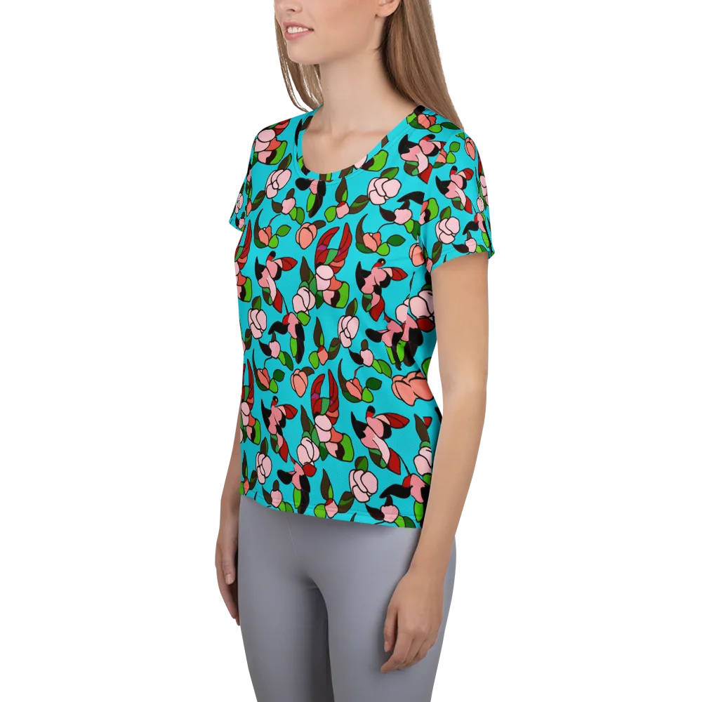 Turquoise Bloom Flight on Women's Athletic T-Shirt — Left