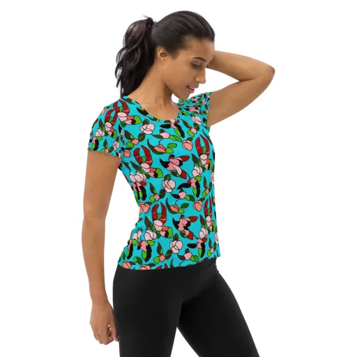 Turquoise Bloom Flight on a Women's Athletic T-Shirt