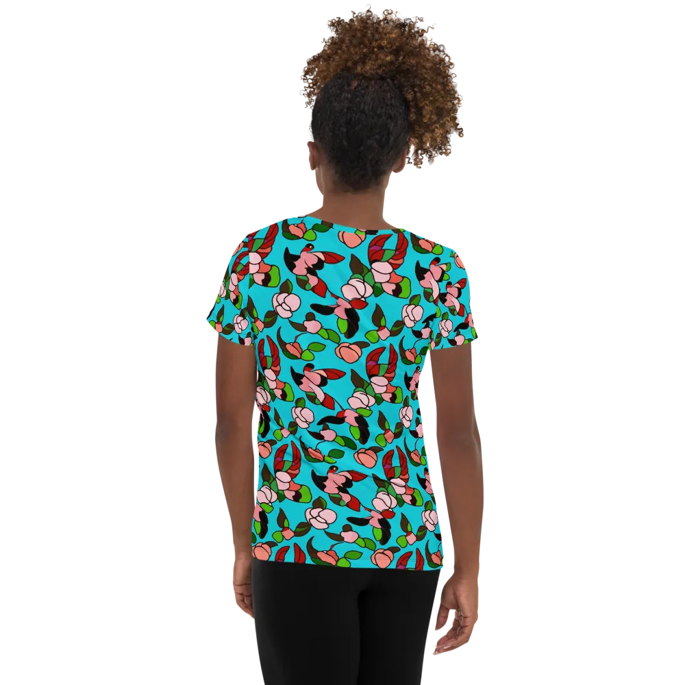 Turquoise Bloom Flight on Women's Athletic T-Shirt — Back