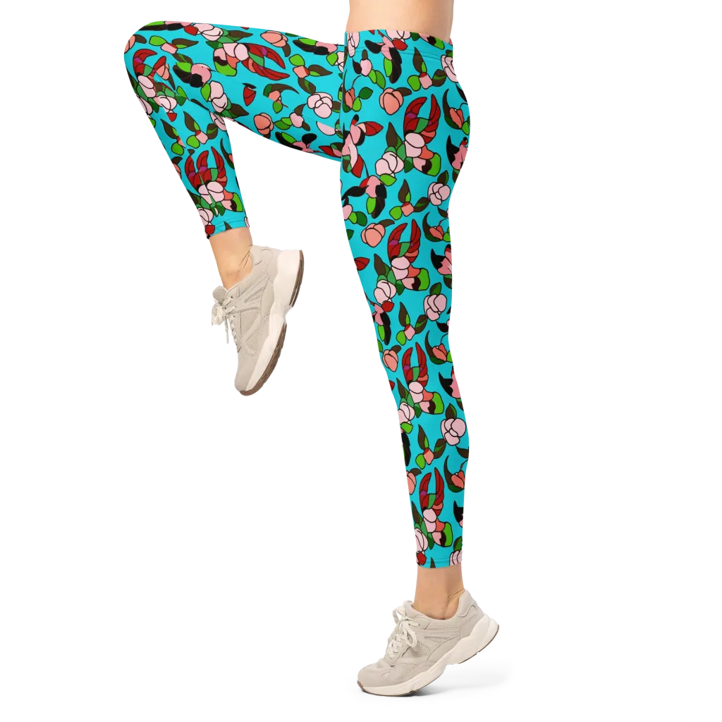 Turquoise Bloom Flight on Leggings — Left