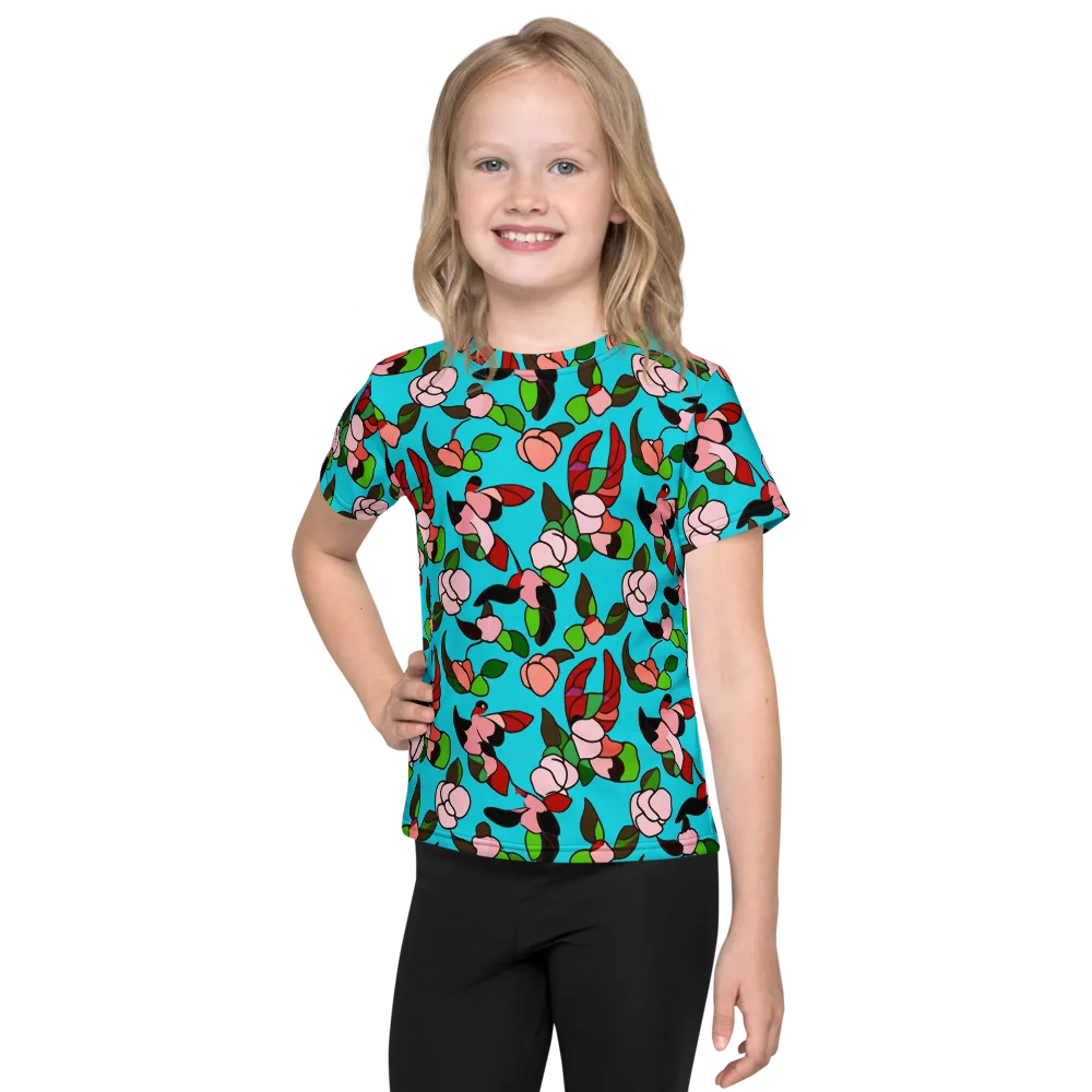 Turquoise Bloom Flight on Kids Crew Neck T-Shirt — Front