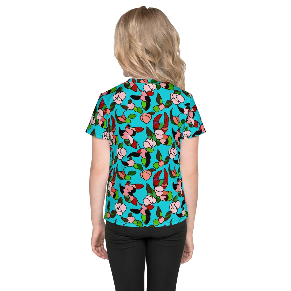 Turquoise Bloom Flight on Kids Crew Neck T-Shirt — Back