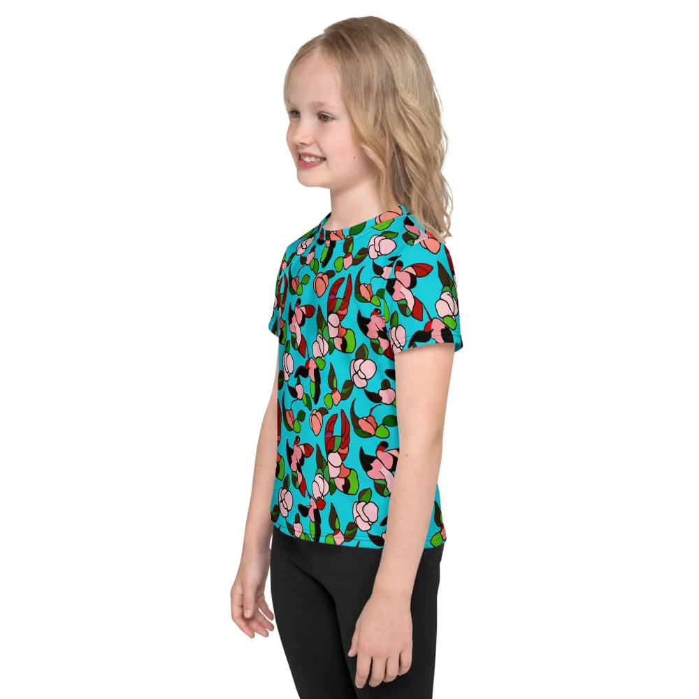 Turquoise Bloom Flight on Kids Crew Neck T-Shirt — Left