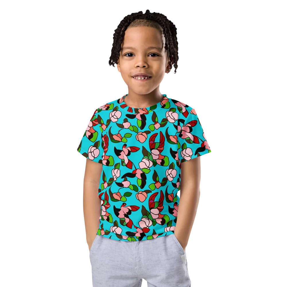 Turquoise Bloom Flight on Kids Crew Neck T-Shirt — Front