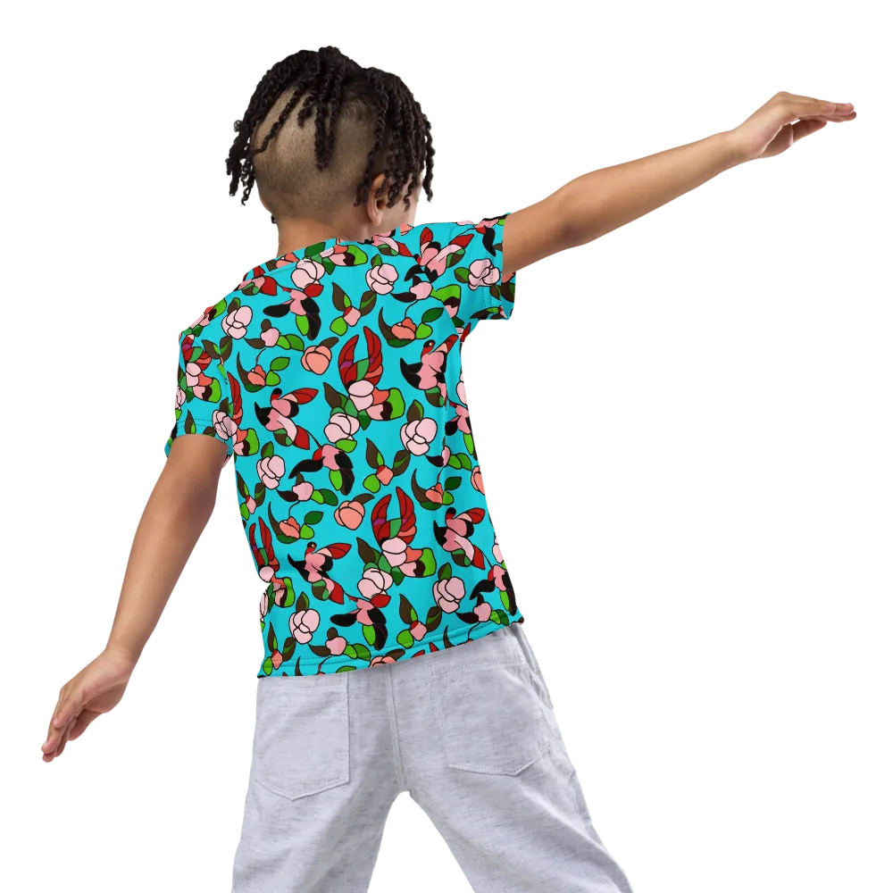 Turquoise Bloom Flight on Kids Crew Neck T-Shirt — Back
