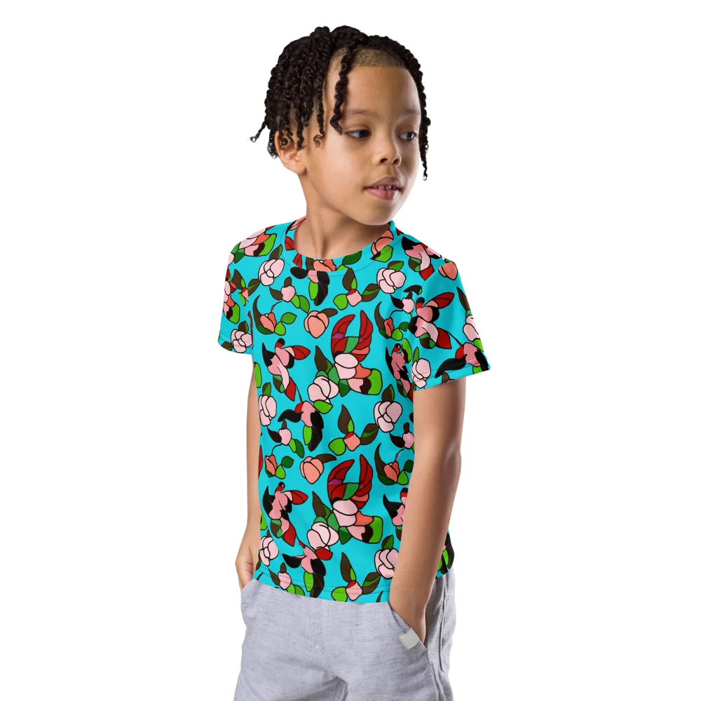 Turquoise Bloom Flight on Kids Crew Neck T-Shirt — Left Front