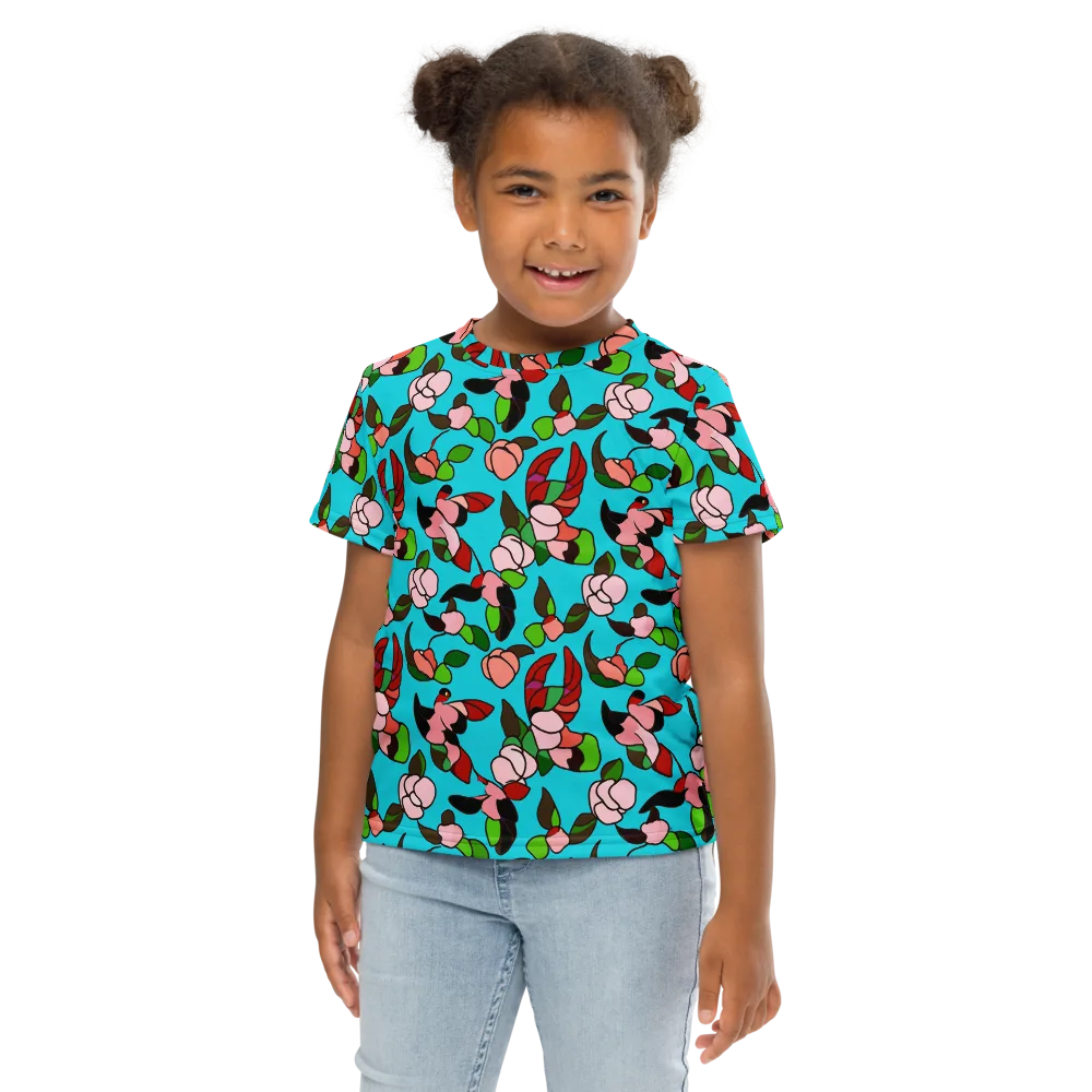 Turquoise Bloom Flight on Kids Crew Neck T-Shirt — Front