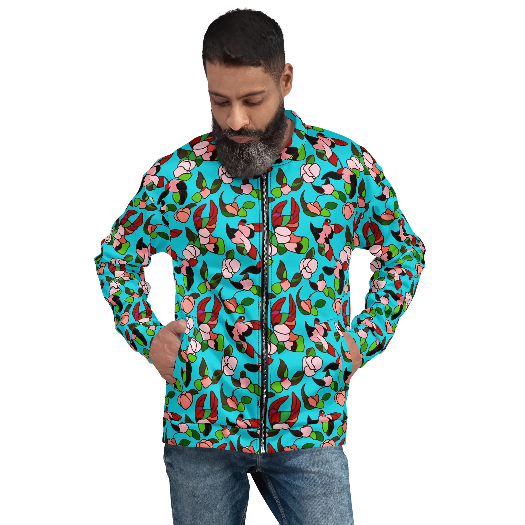 Turquoise Bloom Flight on Bomber Jacket — Front