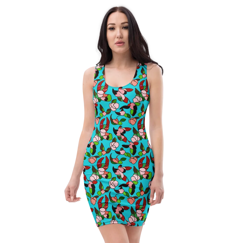 Turquoise Bloom Flight on Bodycon Dress — Front