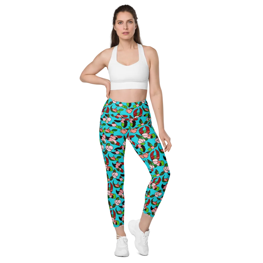 Turquoise Bloom Flight on Leggings with Pockets — Front