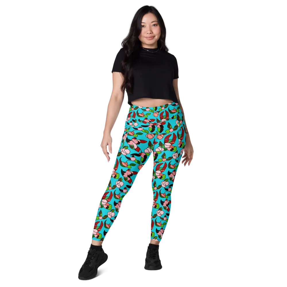 Turquoise Bloom Flight on Leggings with Pockets — Front