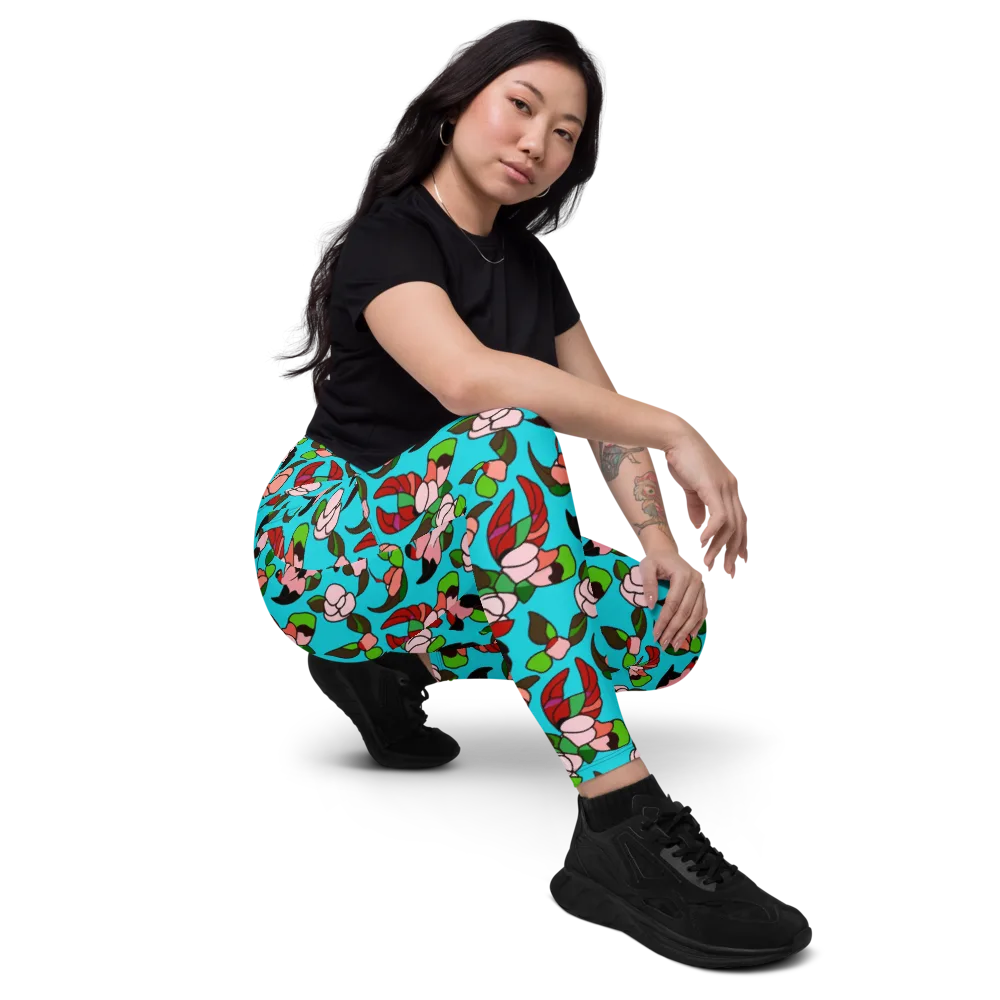 Turquoise Bloom Flight on Leggings with Pockets — Right Front