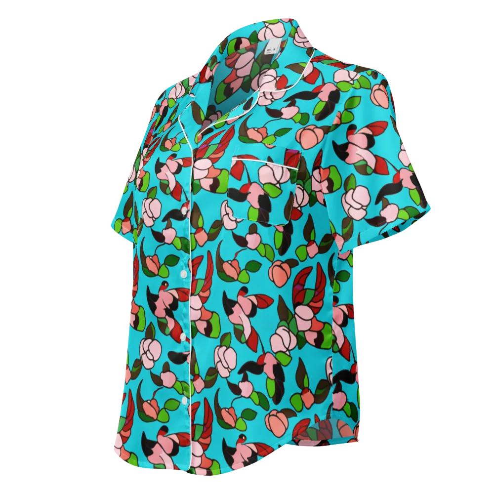Turquoise Bloom Flight on Women's Short Sleeve Pajama Top — Left Front