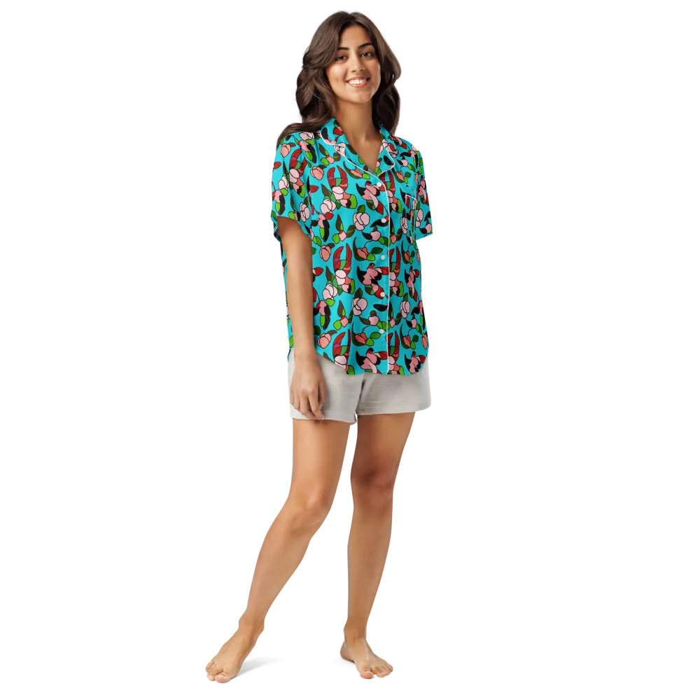 Turquoise Bloom Flight on Women's Short Sleeve Pajama Top — Front