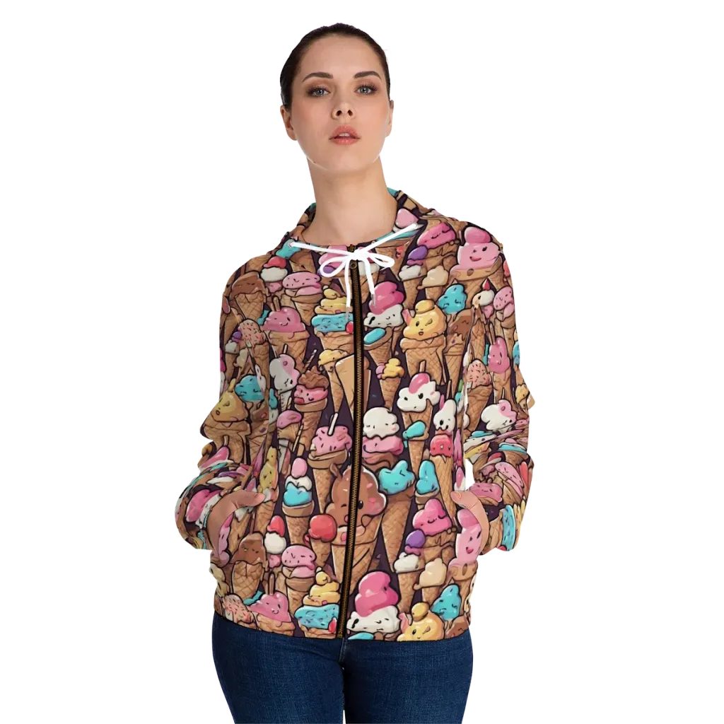 Sugarcone Parade on Women's Full-Zip Hoodie — Front On Person