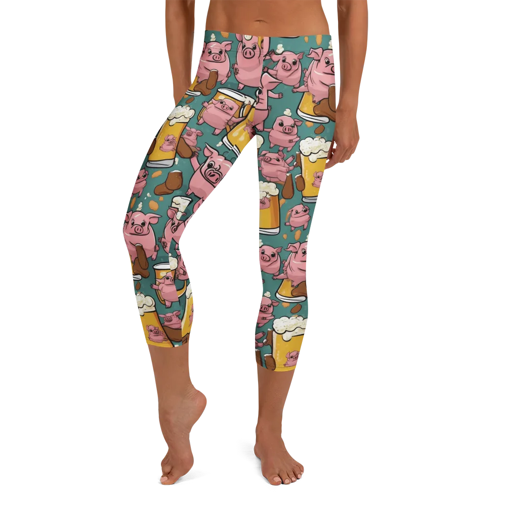 Pint-sized Porkers on Capri Leggings — Front