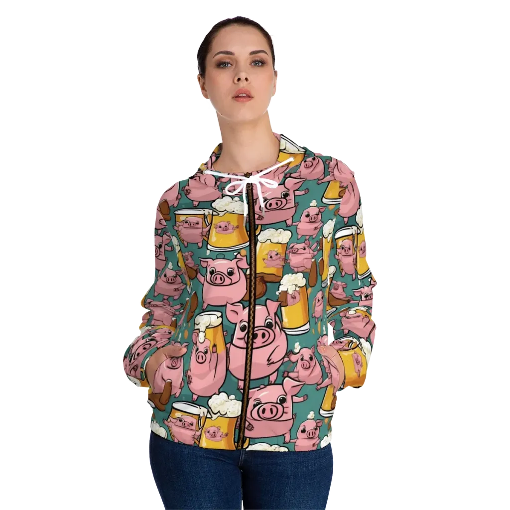 Pint-sized Porkers on Women's Full-Zip Hoodie — Front On Person
