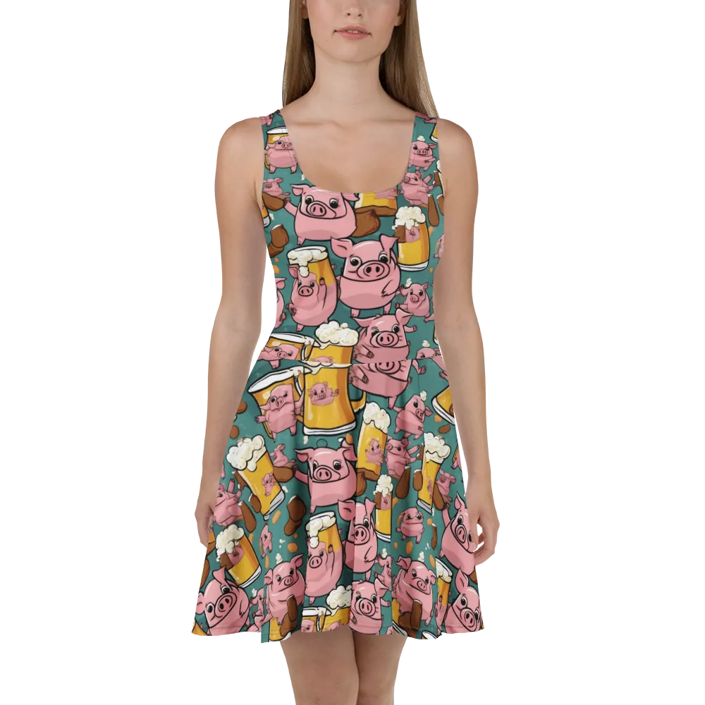 Pint-sized Porkers on Skater Dress — Front