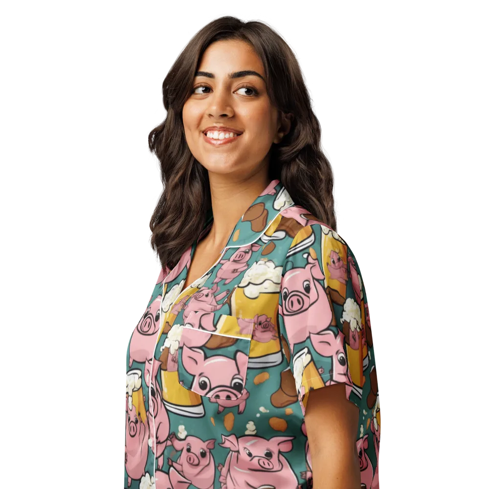 Pint-sized Porkers on Women's Short Sleeve Pajama Top — Left Front