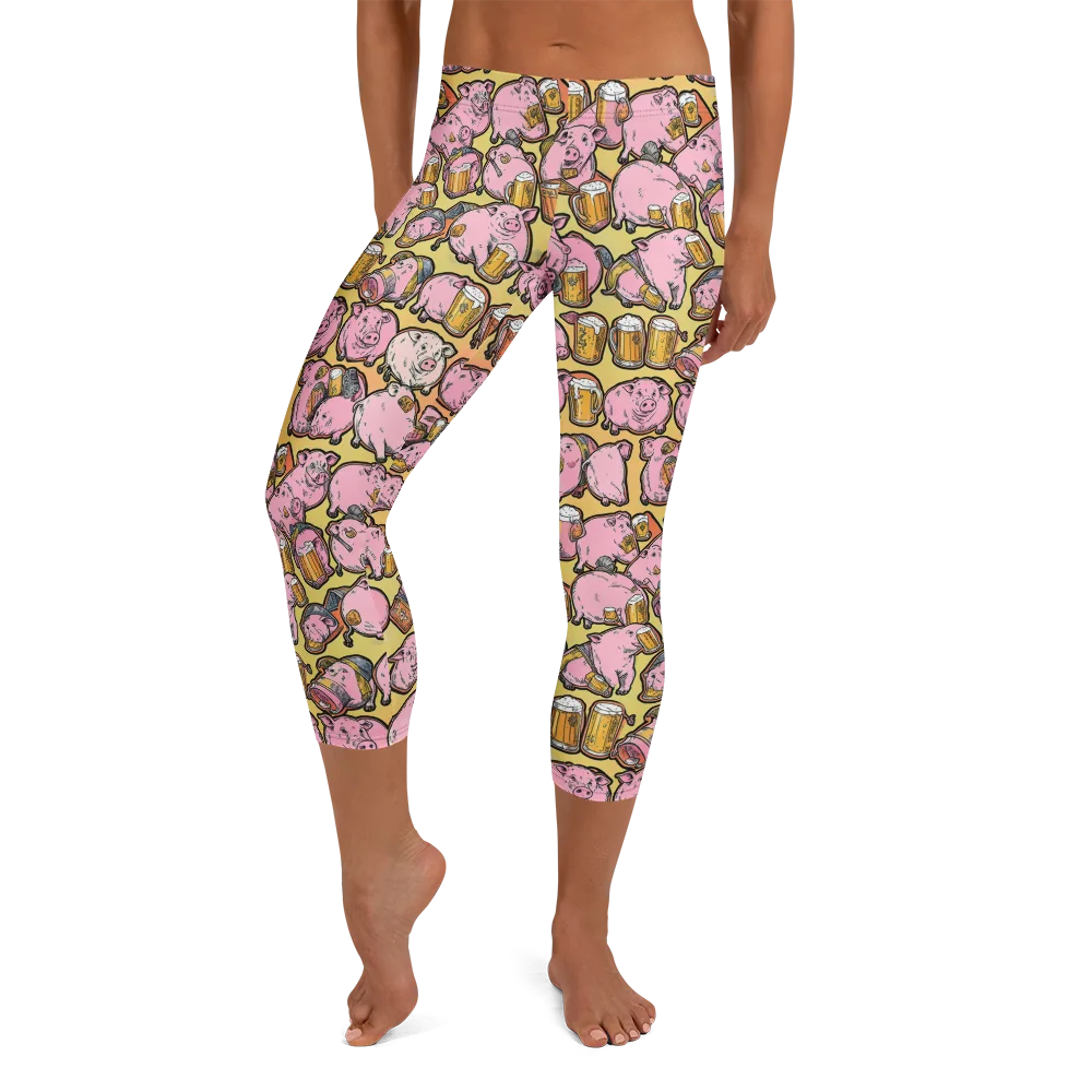 Brew And Oink on Capri Leggings — Front
