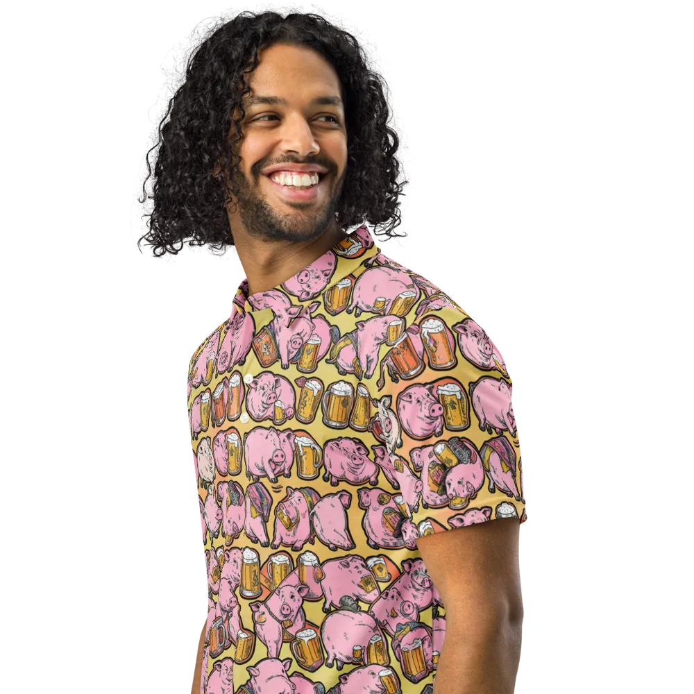 Brew And Oink on Men's Slim Fit Polo Shirt — Left Front