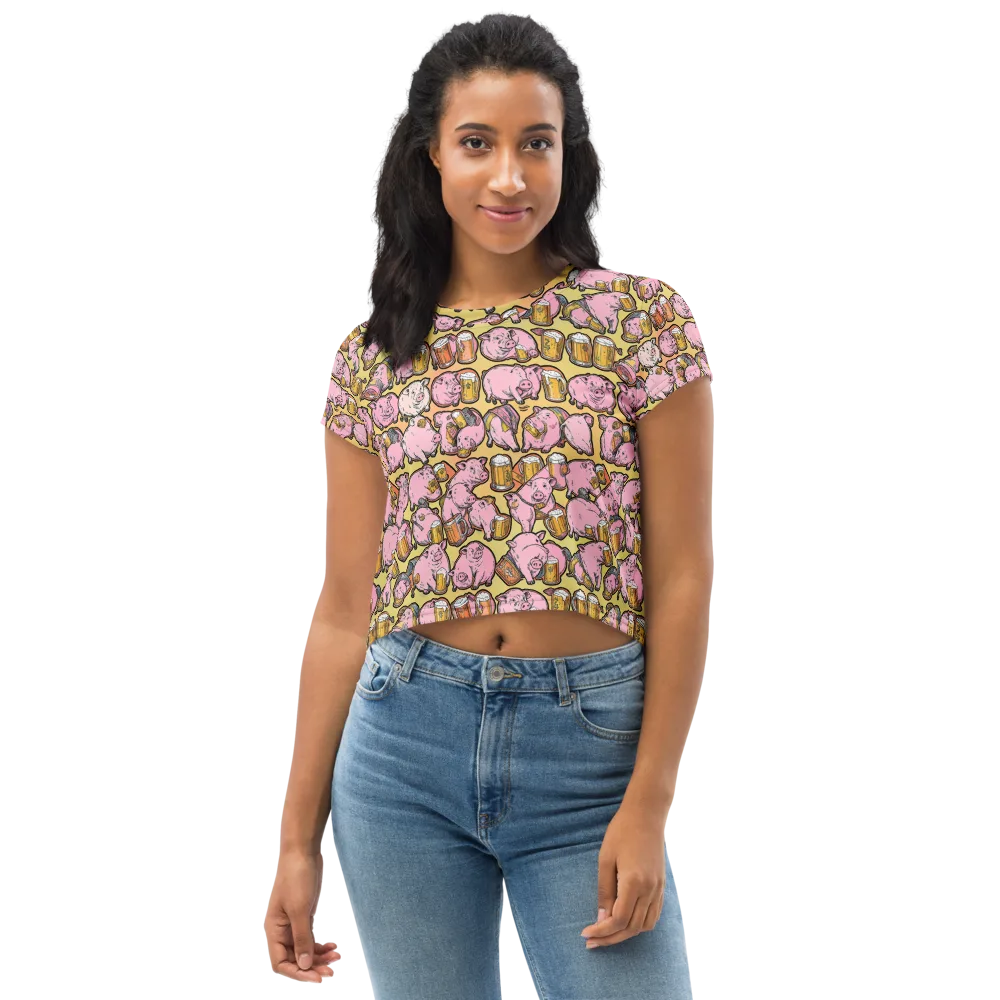 Brew And Oink on Crop Tee — Front