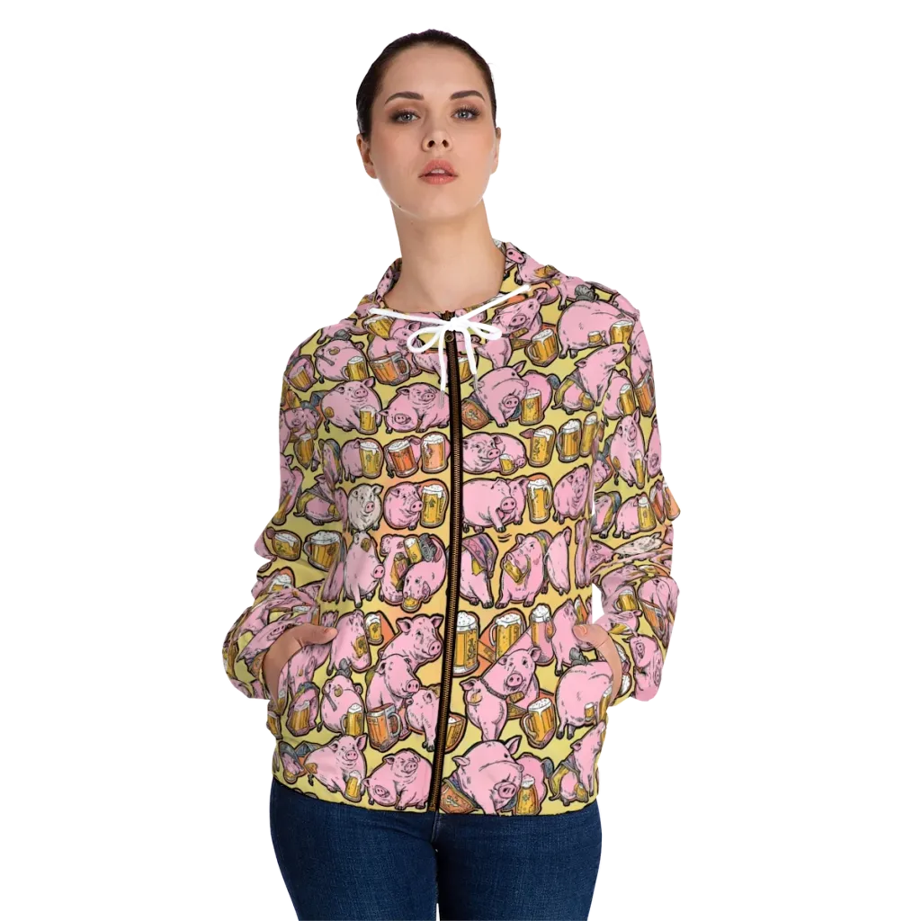 Brew And Oink on Women's Full-Zip Hoodie — Front On Person