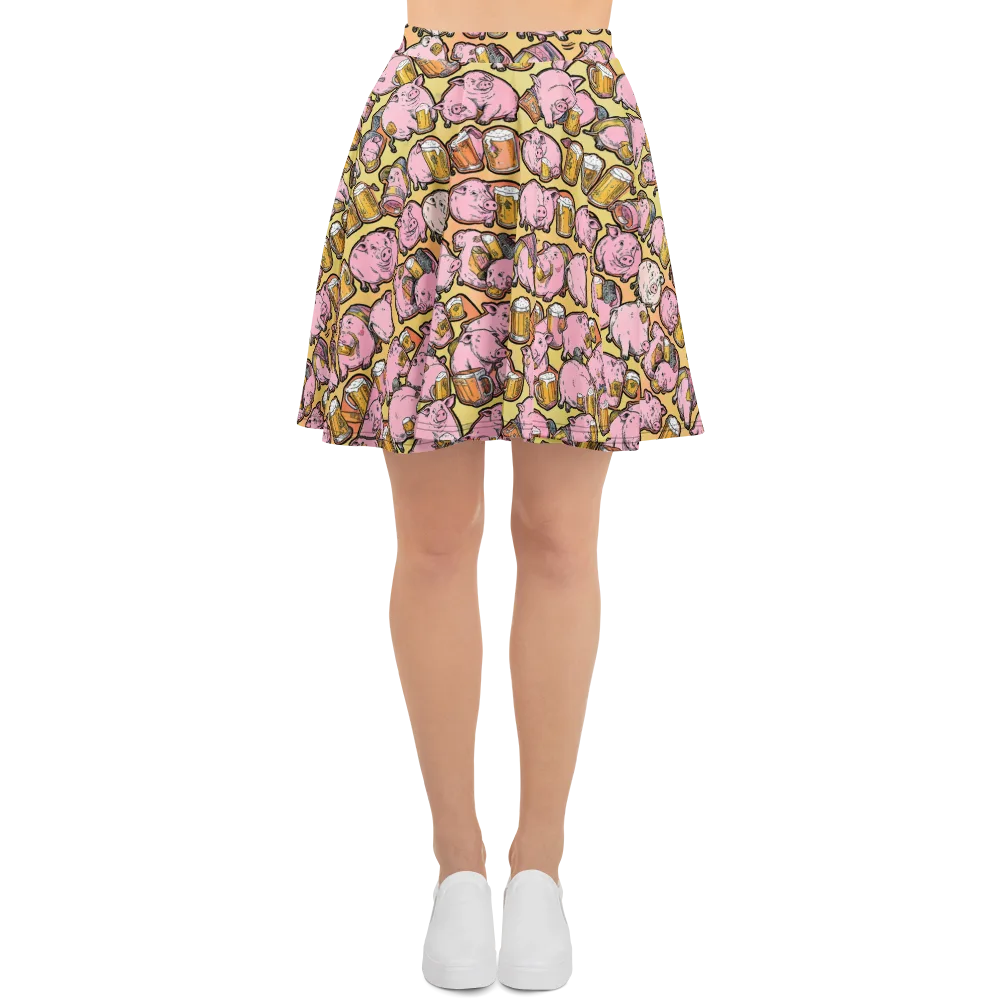 Brew And Oink on Skater Skirt — Front